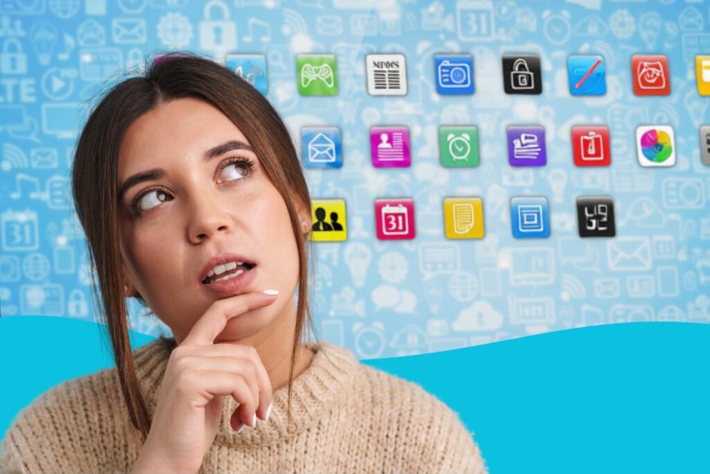 She is surrounded by floating colorful app icons on a blue background.